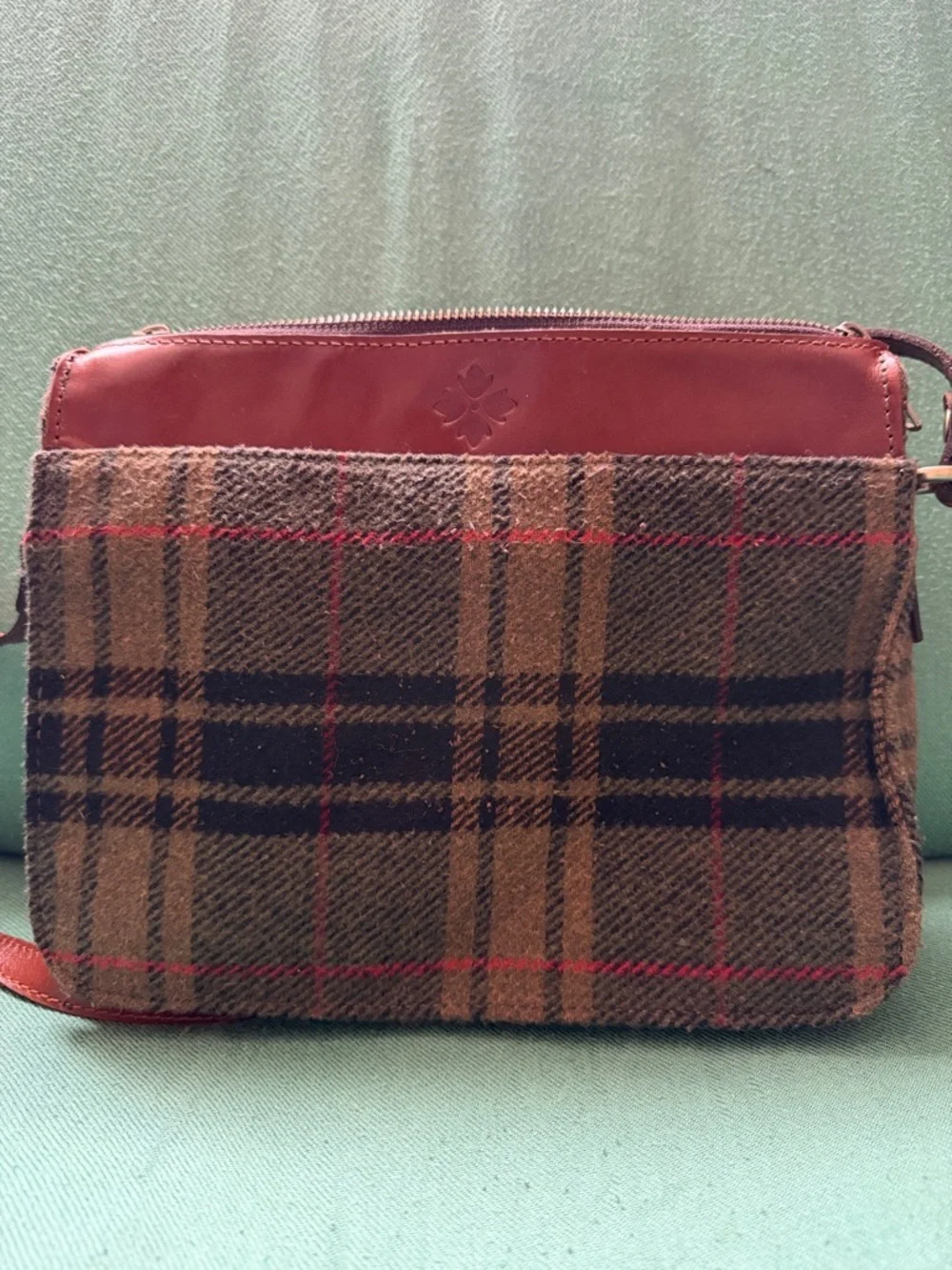 Patricia Nash Brown Plaid Wool & Chestnut Leather Messenger Bag